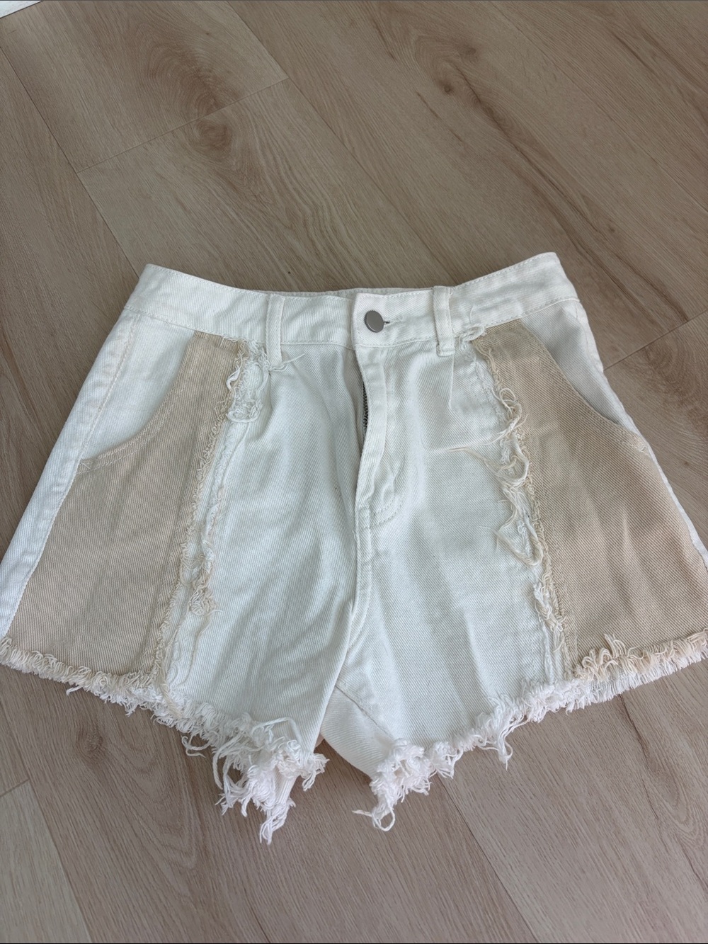 SHEIN White Denim Shorts with Beige Panel Accents